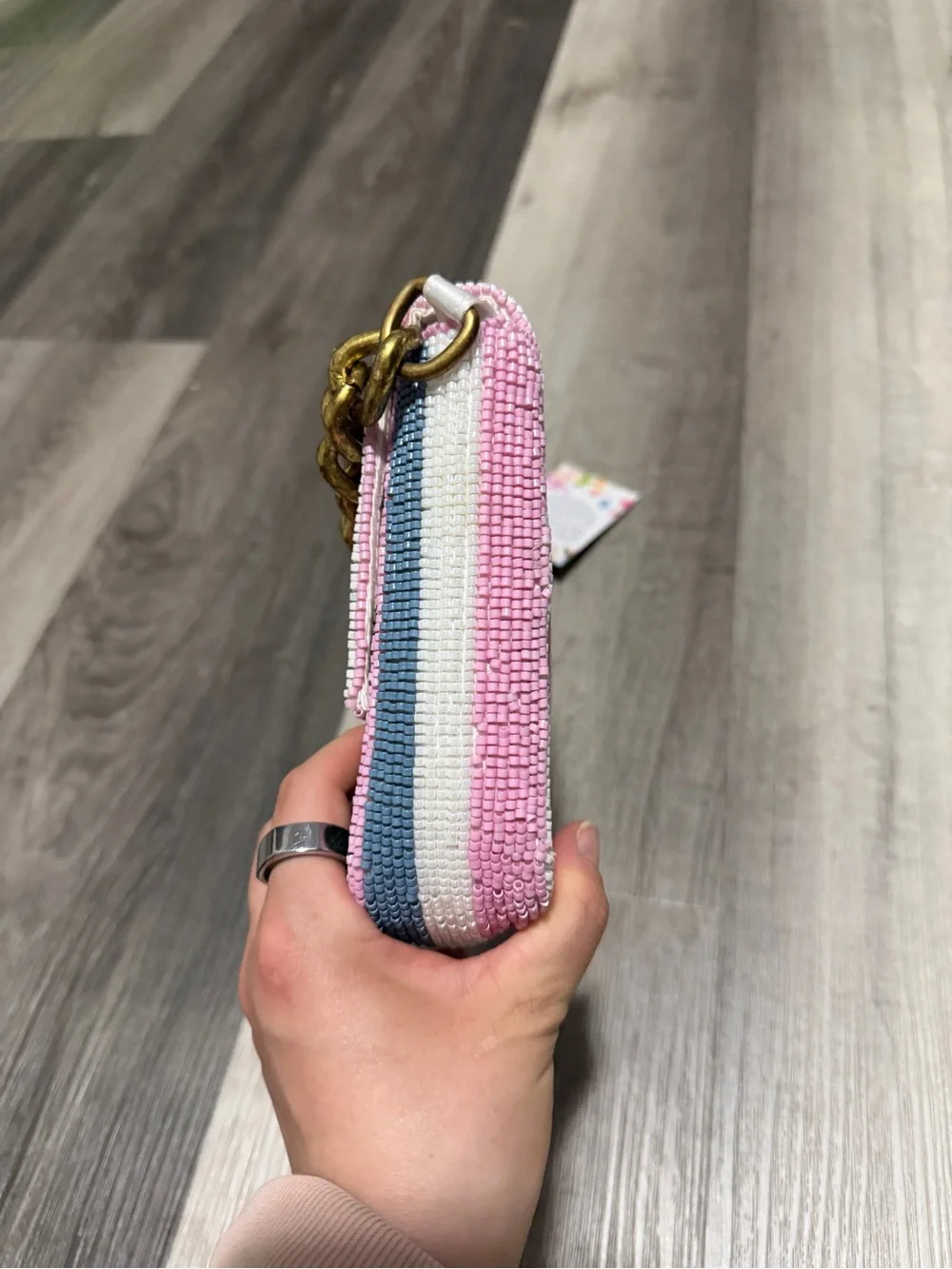 Pink, white, blue, and green stripe beaded bag with gold chain • NWT